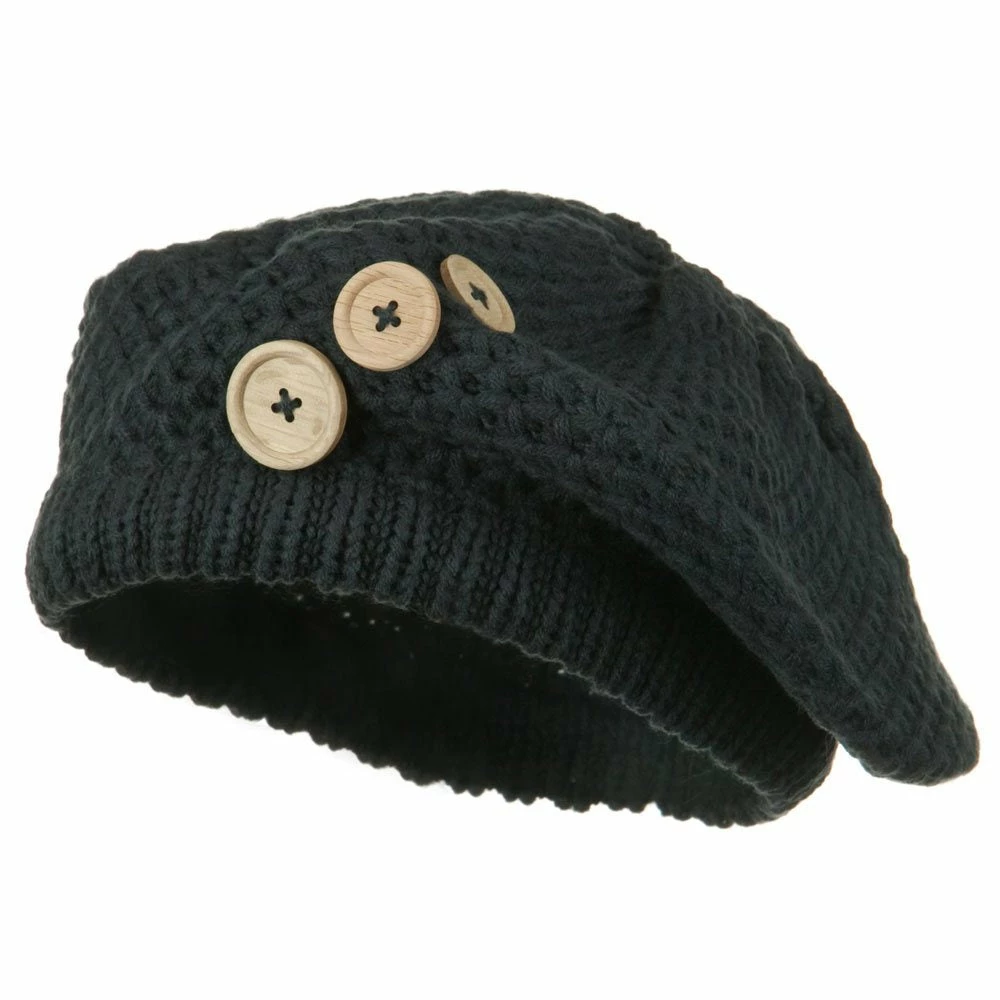 Solid Wing Wood Button Knit Beret