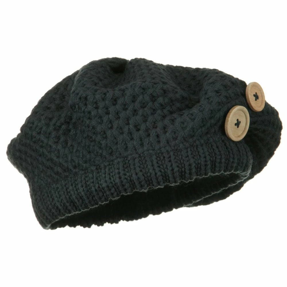 Solid Wing Wood Button Knit Beret - Image 4