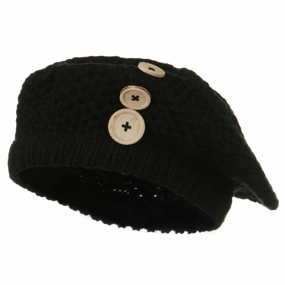 Solid Wing Wood Button Knit Beret - Image 31