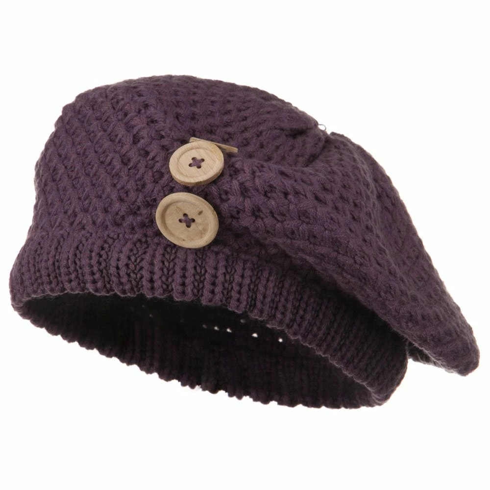 Solid Wing Wood Button Knit Beret - Image 11