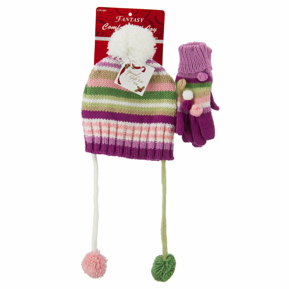 G And S Girl's Hat And Glove Set With Pom Poms