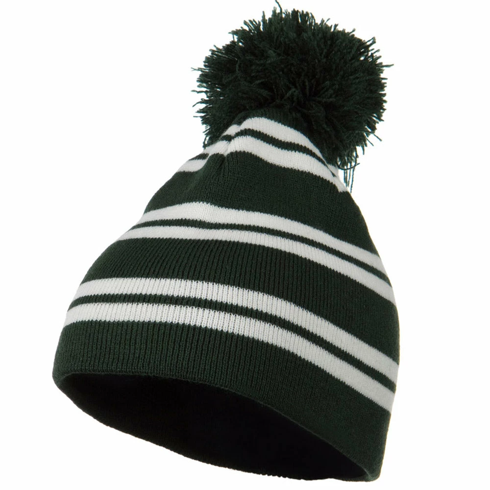 Outdoor Jacquard White Stripe Knit Beanie With Pom - Image 26