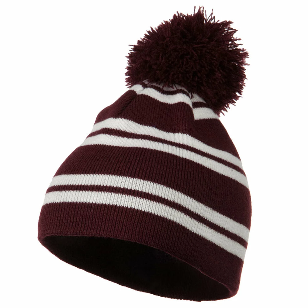 Outdoor Jacquard White Stripe Knit Beanie With Pom
