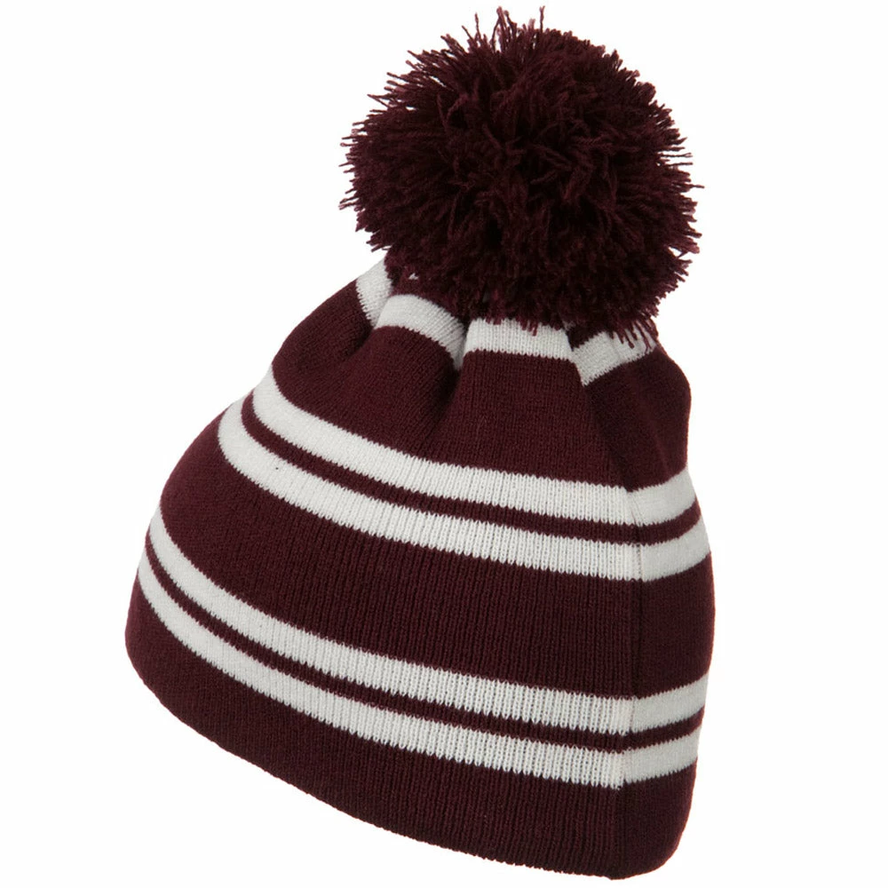 Outdoor Jacquard White Stripe Knit Beanie With Pom - Image 5