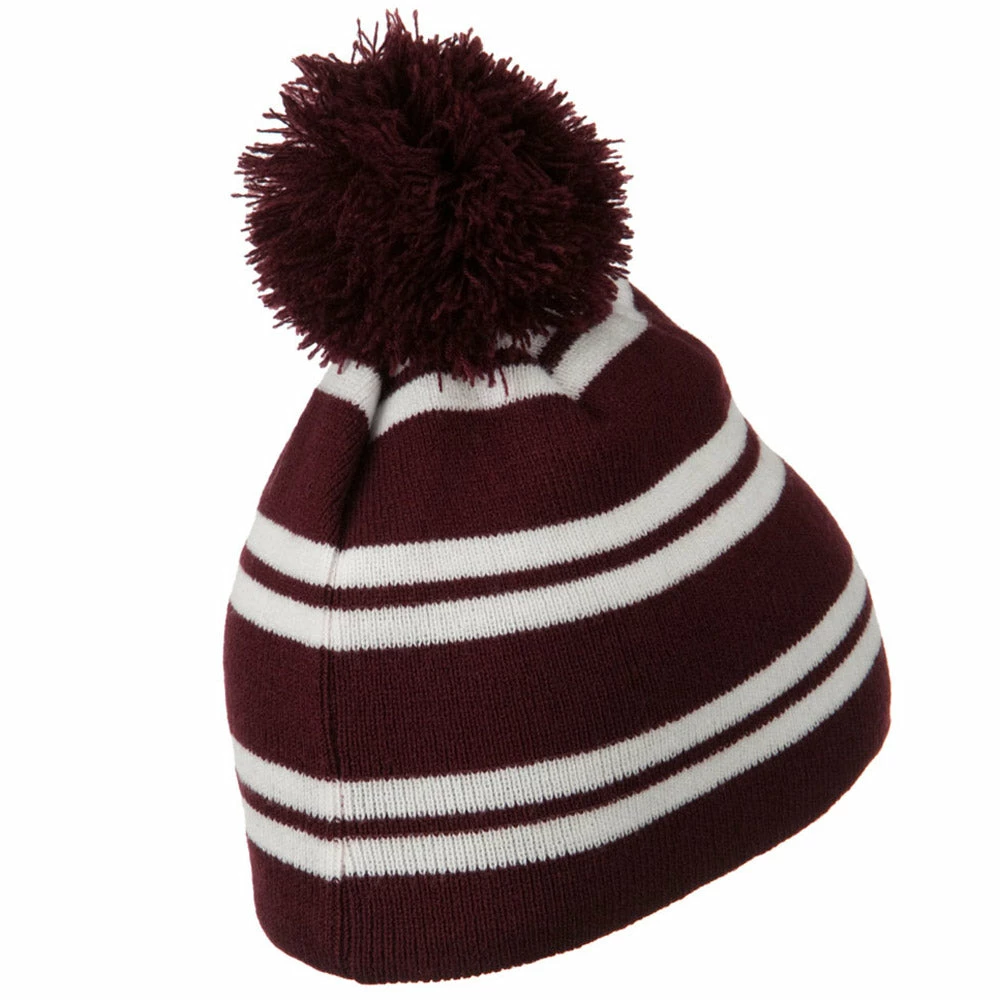 Outdoor Jacquard White Stripe Knit Beanie With Pom - Image 4