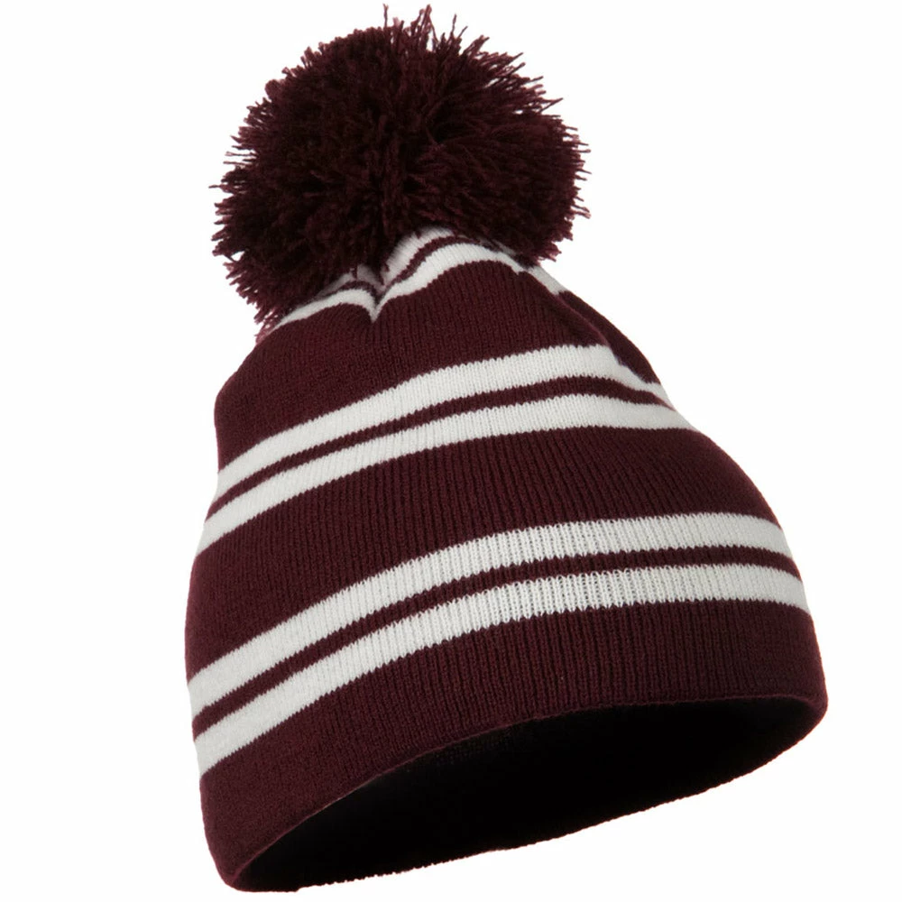 Outdoor Jacquard White Stripe Knit Beanie With Pom - Image 3