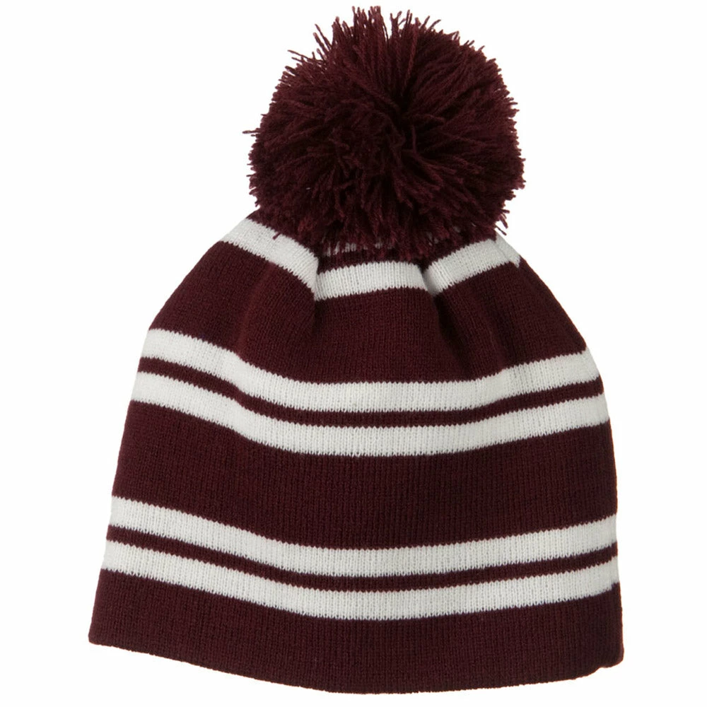 Outdoor Jacquard White Stripe Knit Beanie With Pom - Image 2