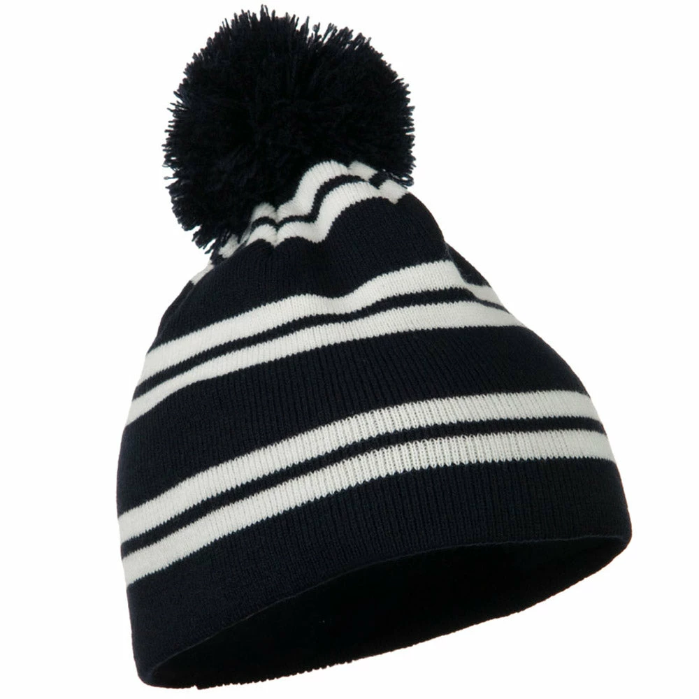Outdoor Jacquard White Stripe Knit Beanie With Pom - Image 34