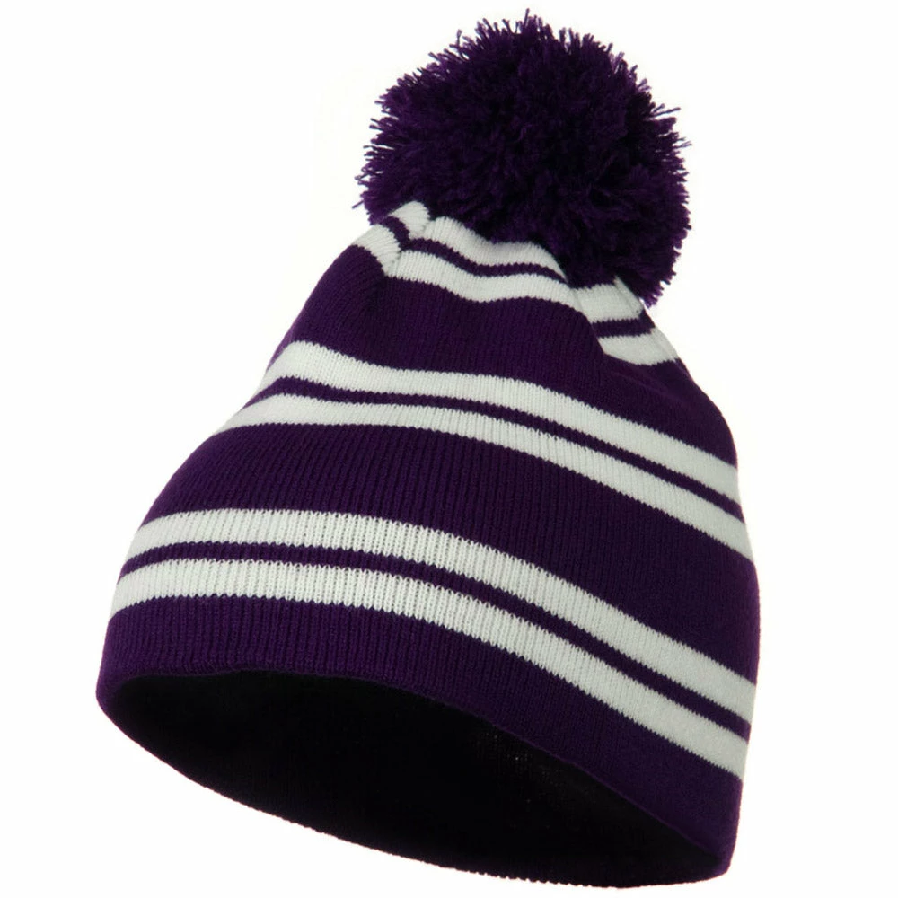 Outdoor Jacquard White Stripe Knit Beanie With Pom - Image 41
