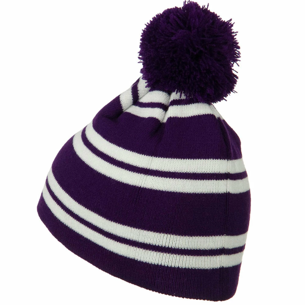 Outdoor Jacquard White Stripe Knit Beanie With Pom - Image 43