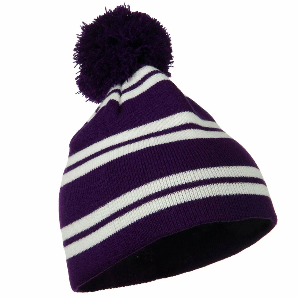Outdoor Jacquard White Stripe Knit Beanie With Pom - Image 44