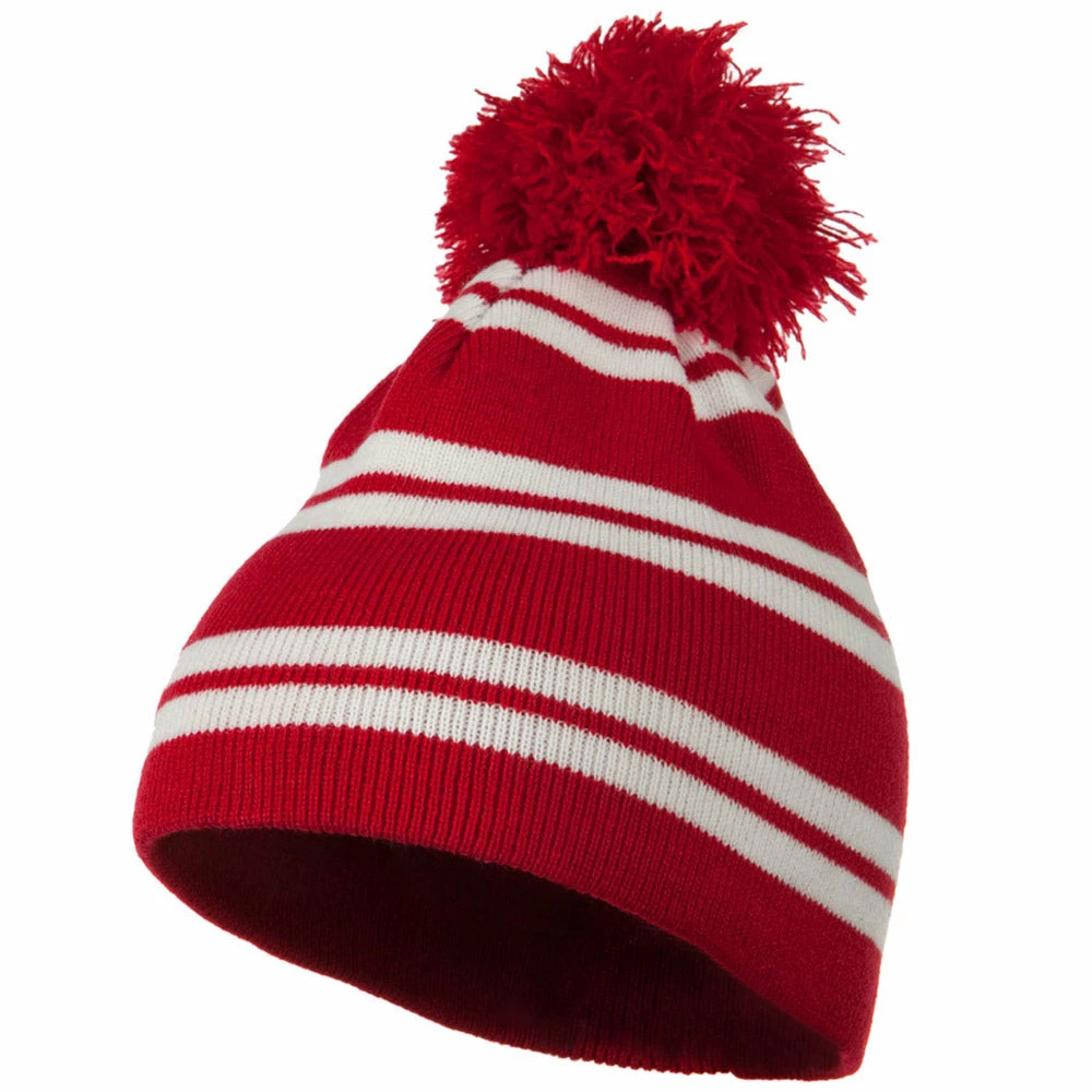 Outdoor Jacquard White Stripe Knit Beanie With Pom - Image 6
