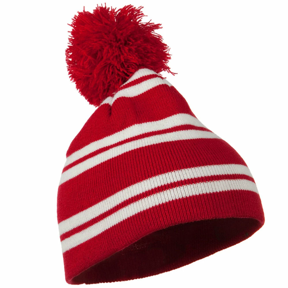 Outdoor Jacquard White Stripe Knit Beanie With Pom - Image 7