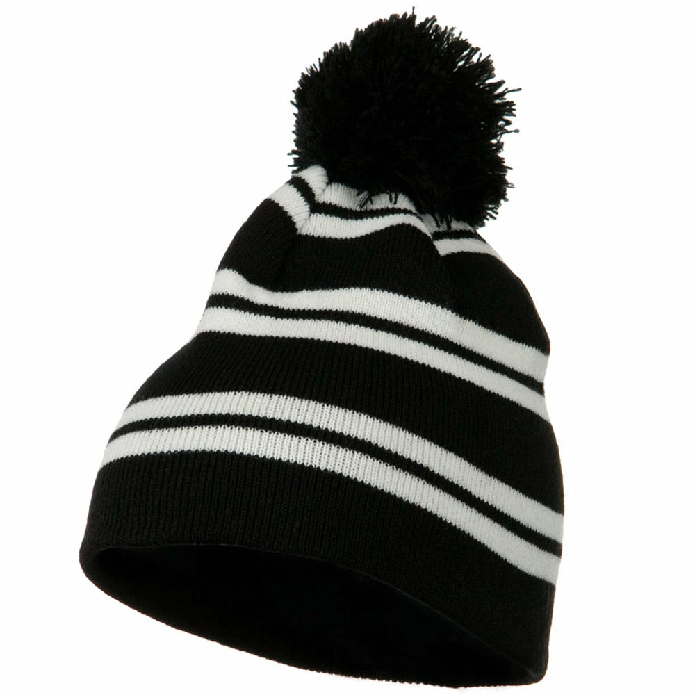 Outdoor Jacquard White Stripe Knit Beanie With Pom - Image 16