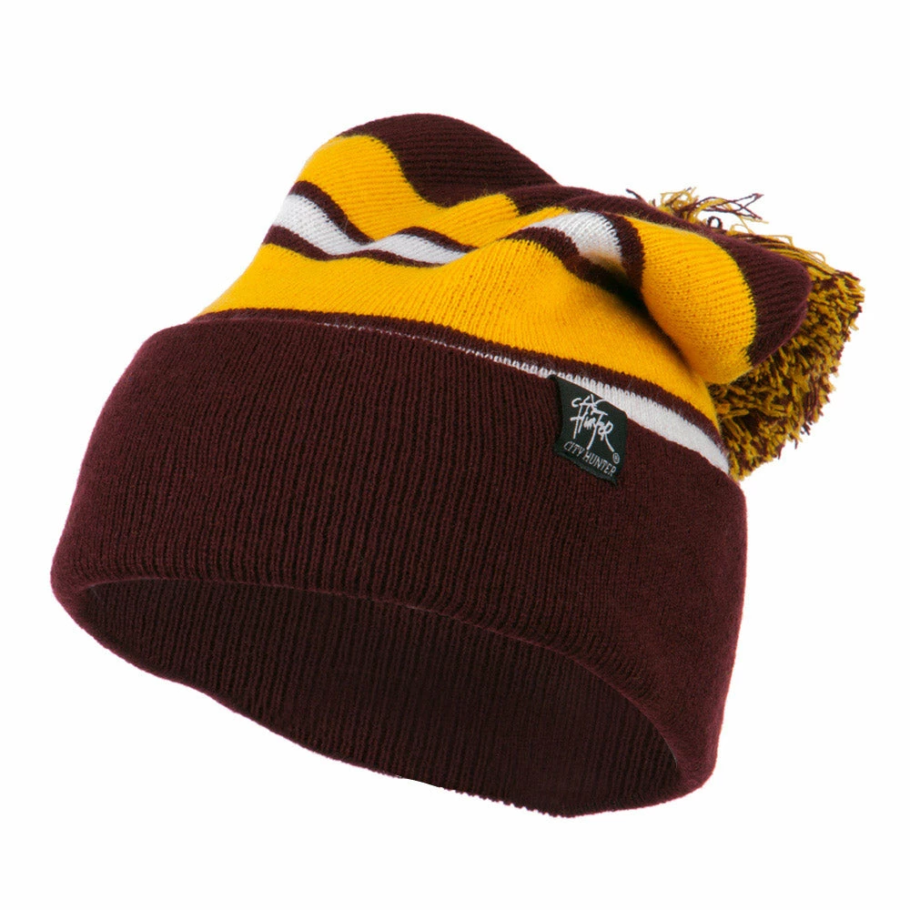 City Hunter Two Tone Striped Pom Cuff Beanie - Image 6