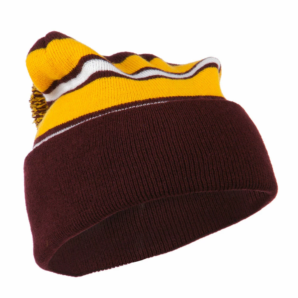 City Hunter Two Tone Striped Pom Cuff Beanie - Image 9