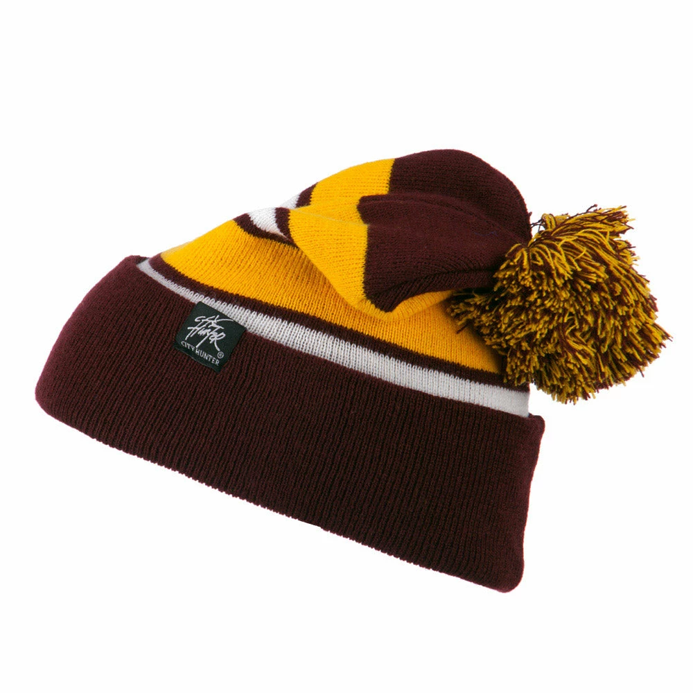 City Hunter Two Tone Striped Pom Cuff Beanie - Image 10