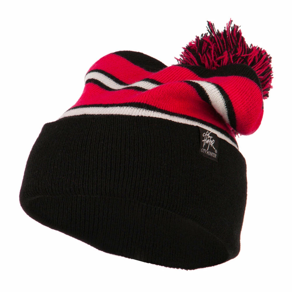 City Hunter Two Tone Striped Pom Cuff Beanie - Image 51