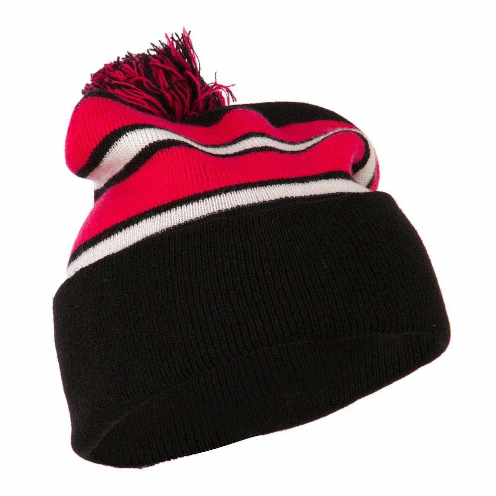 City Hunter Two Tone Striped Pom Cuff Beanie - Image 54