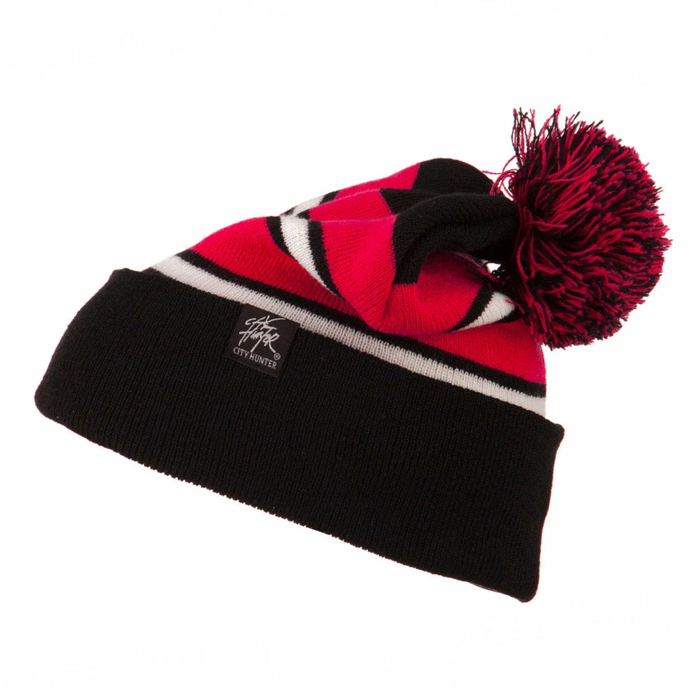 City Hunter Two Tone Striped Pom Cuff Beanie - Image 55