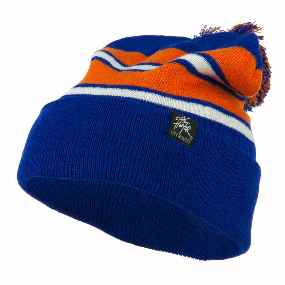 City Hunter Two Tone Striped Pom Cuff Beanie - Image 11