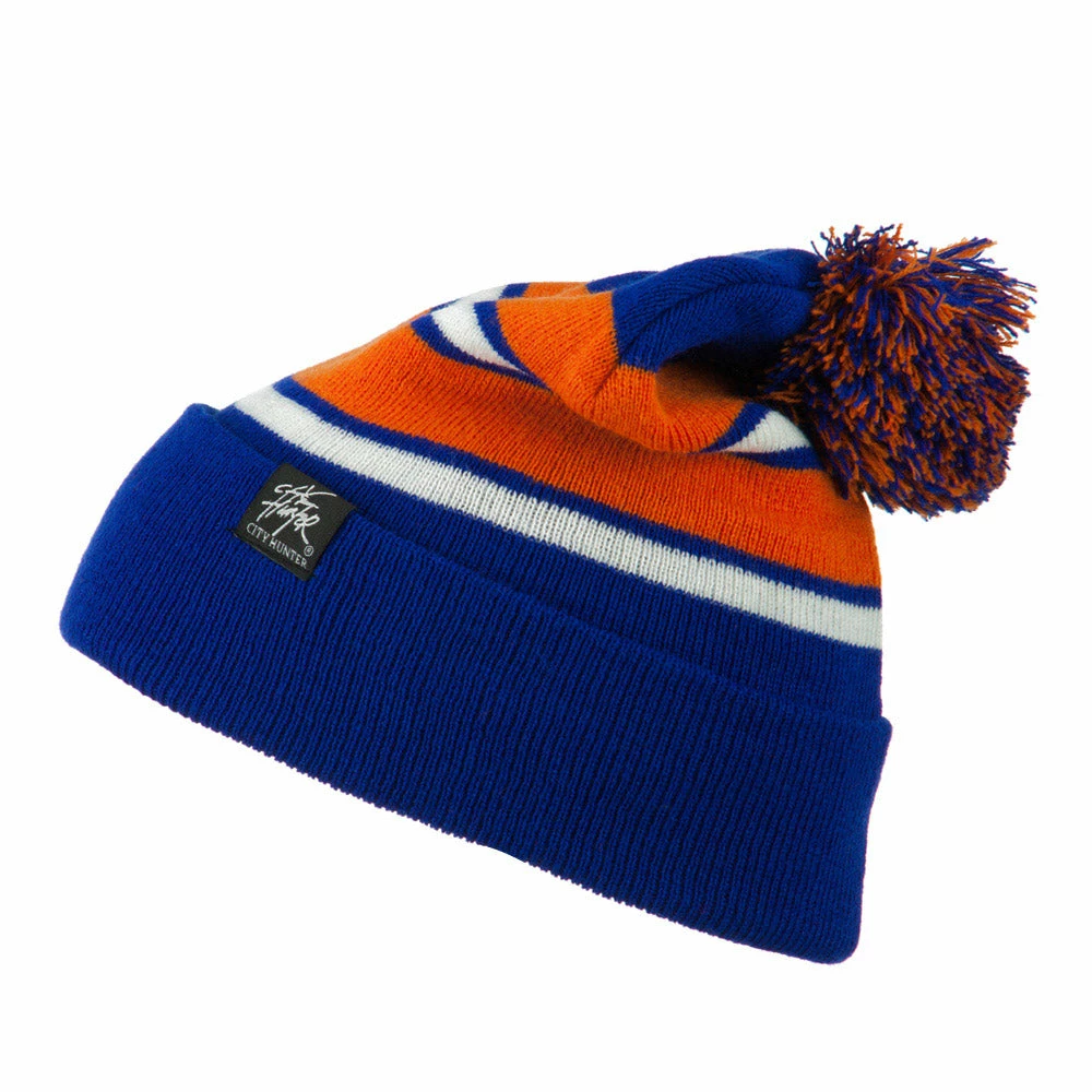 City Hunter Two Tone Striped Pom Cuff Beanie - Image 15