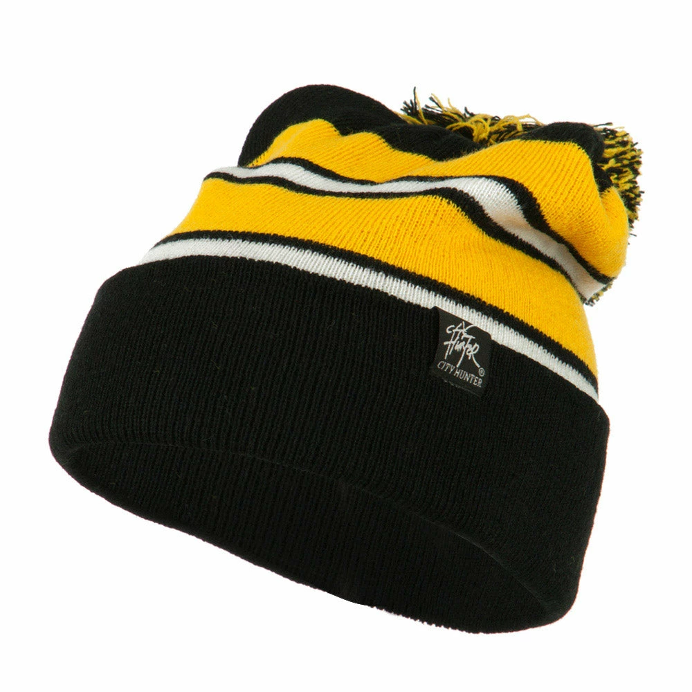 City Hunter Two Tone Striped Pom Cuff Beanie - Image 16