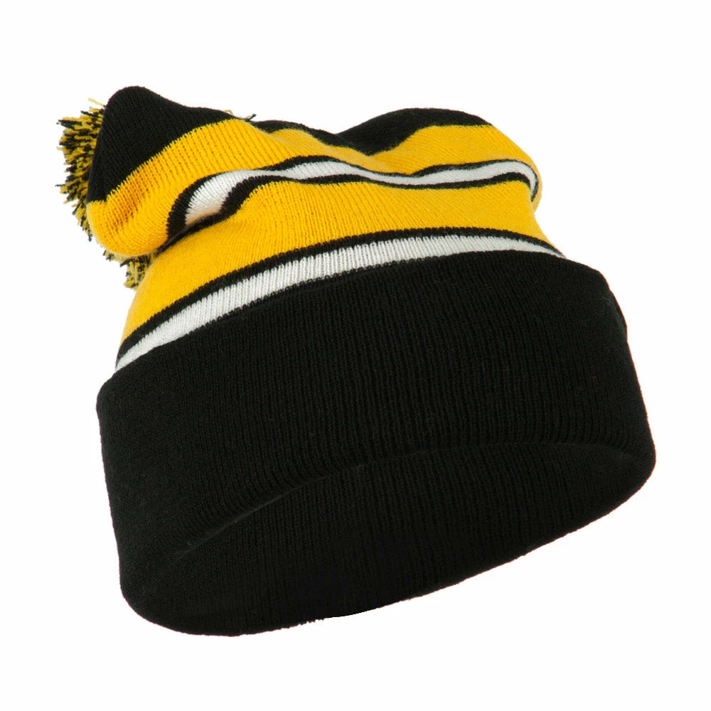 City Hunter Two Tone Striped Pom Cuff Beanie - Image 19
