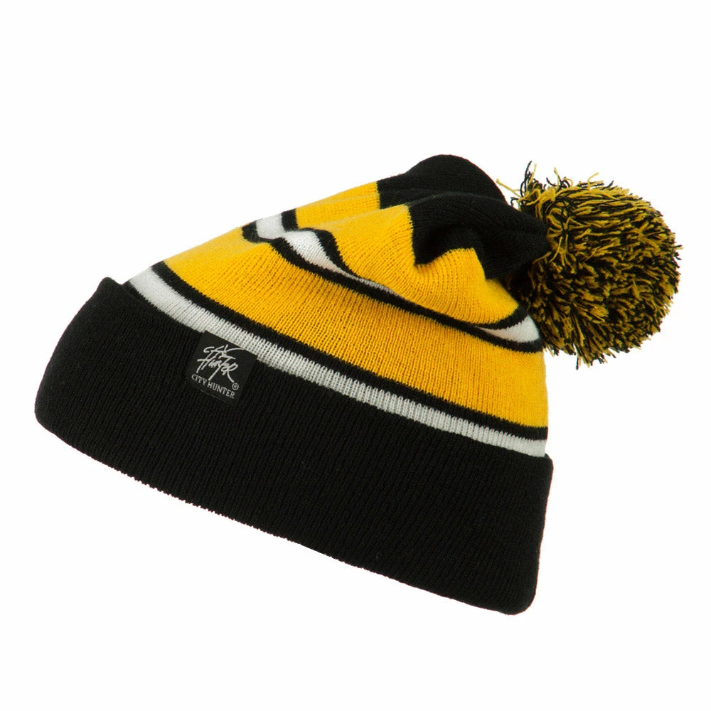 City Hunter Two Tone Striped Pom Cuff Beanie - Image 20