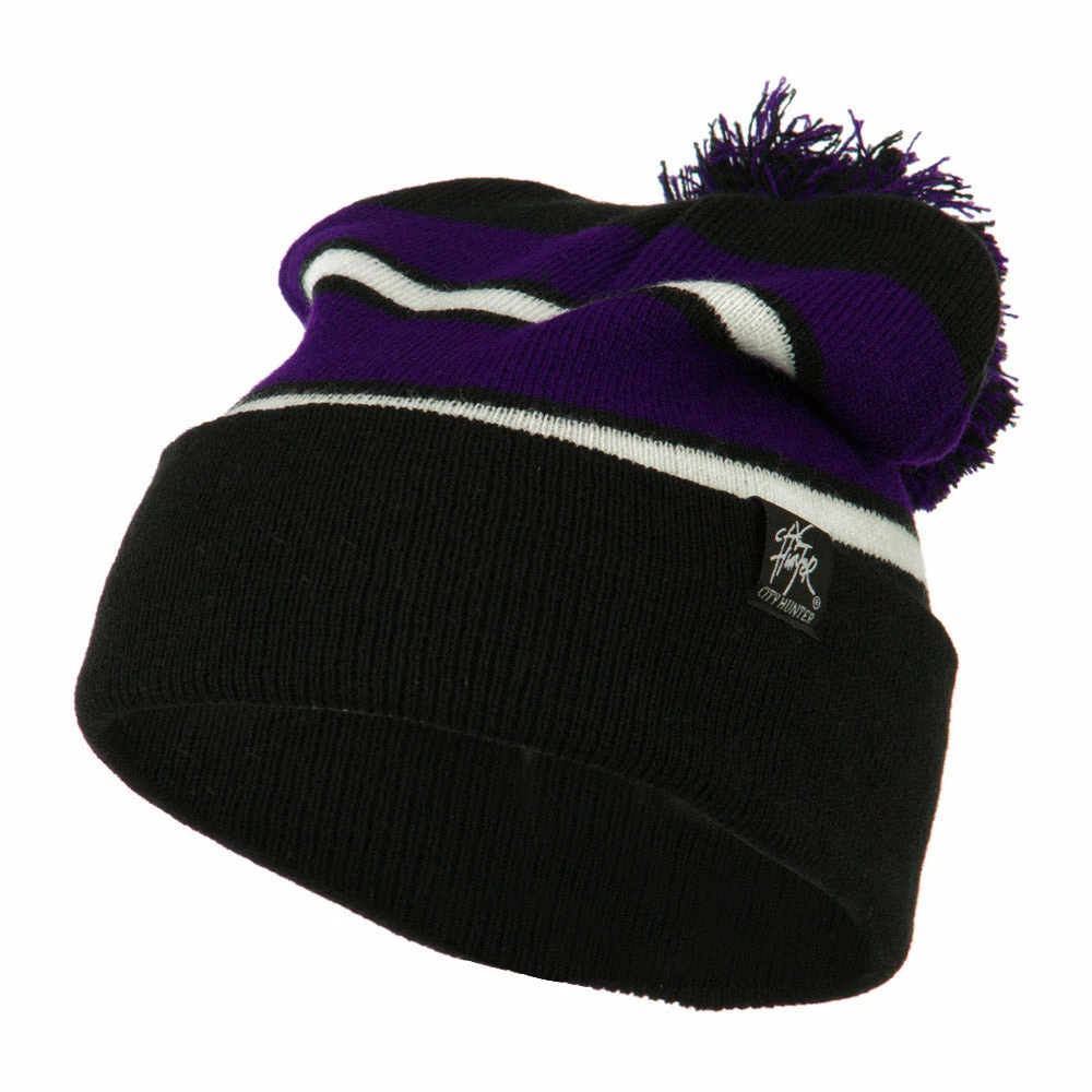 City Hunter Two Tone Striped Pom Cuff Beanie - Image 21
