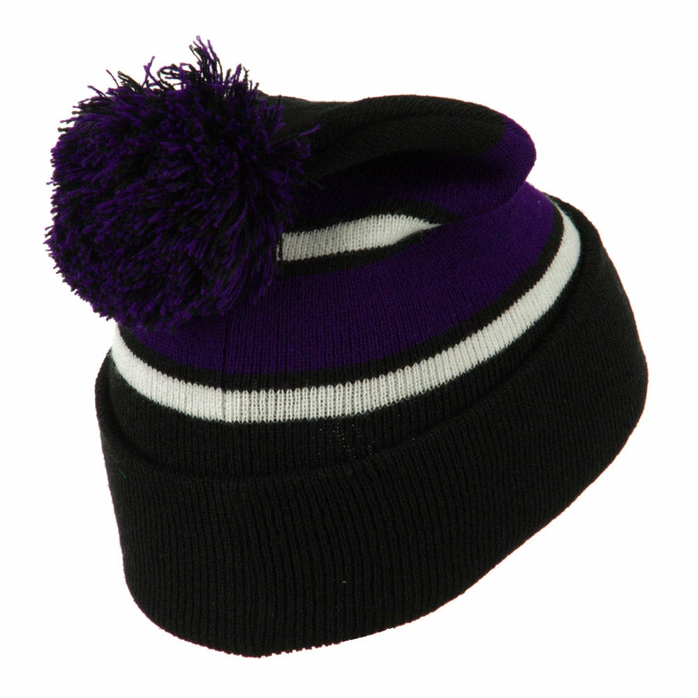 City Hunter Two Tone Striped Pom Cuff Beanie - Image 23
