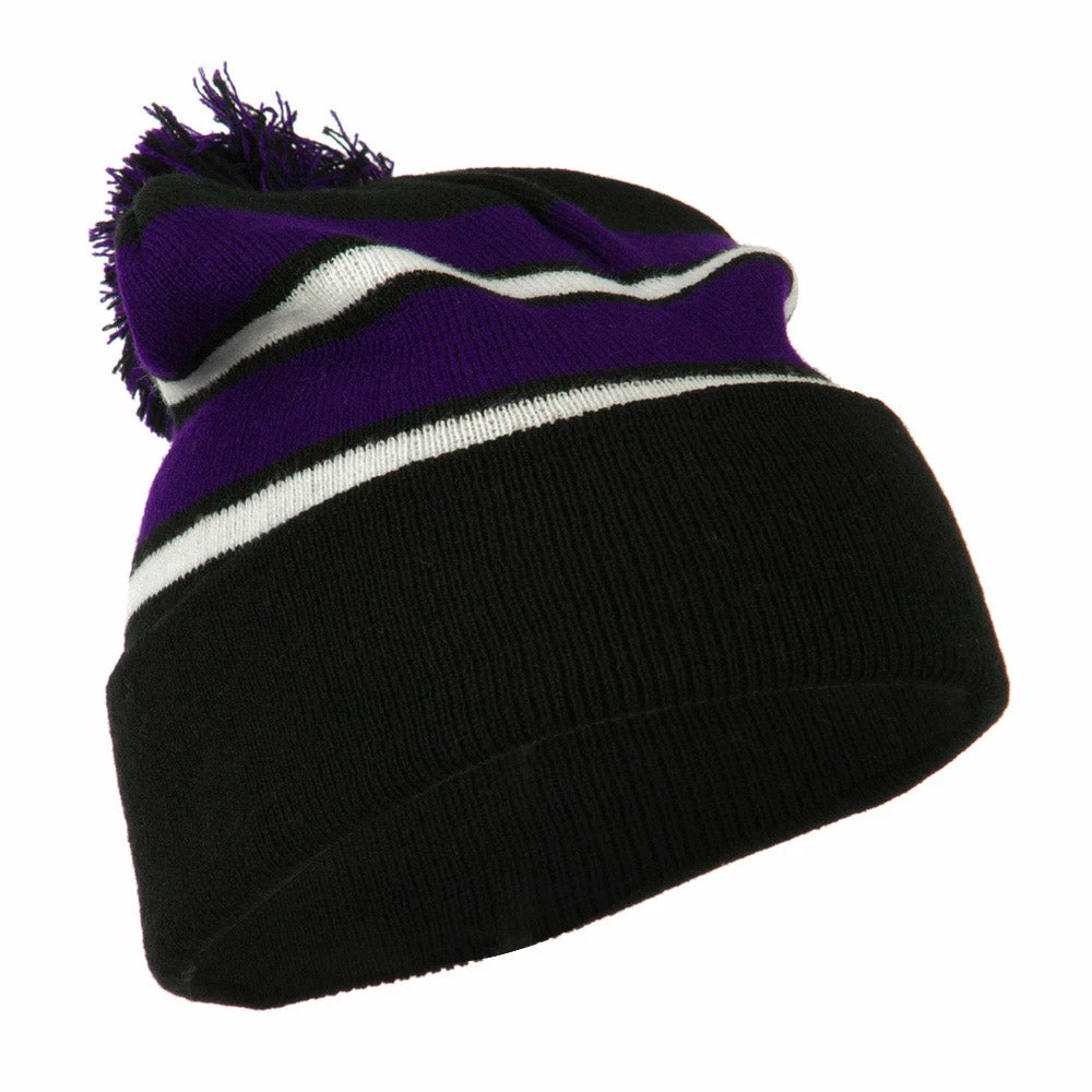 City Hunter Two Tone Striped Pom Cuff Beanie - Image 24
