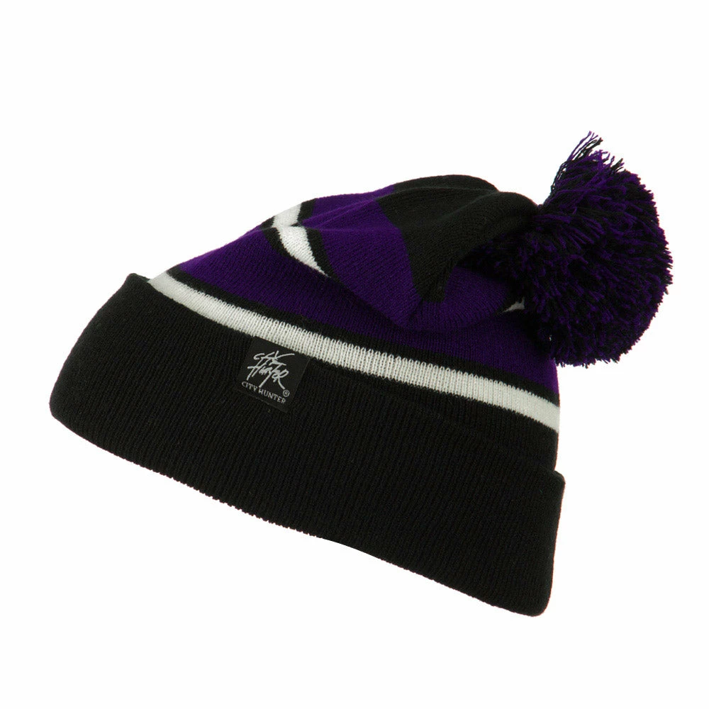 City Hunter Two Tone Striped Pom Cuff Beanie - Image 25