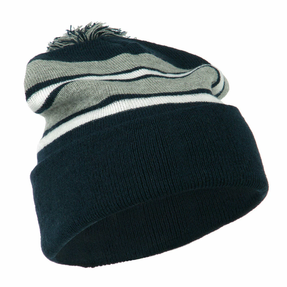 City Hunter Two Tone Striped Pom Cuff Beanie - Image 29