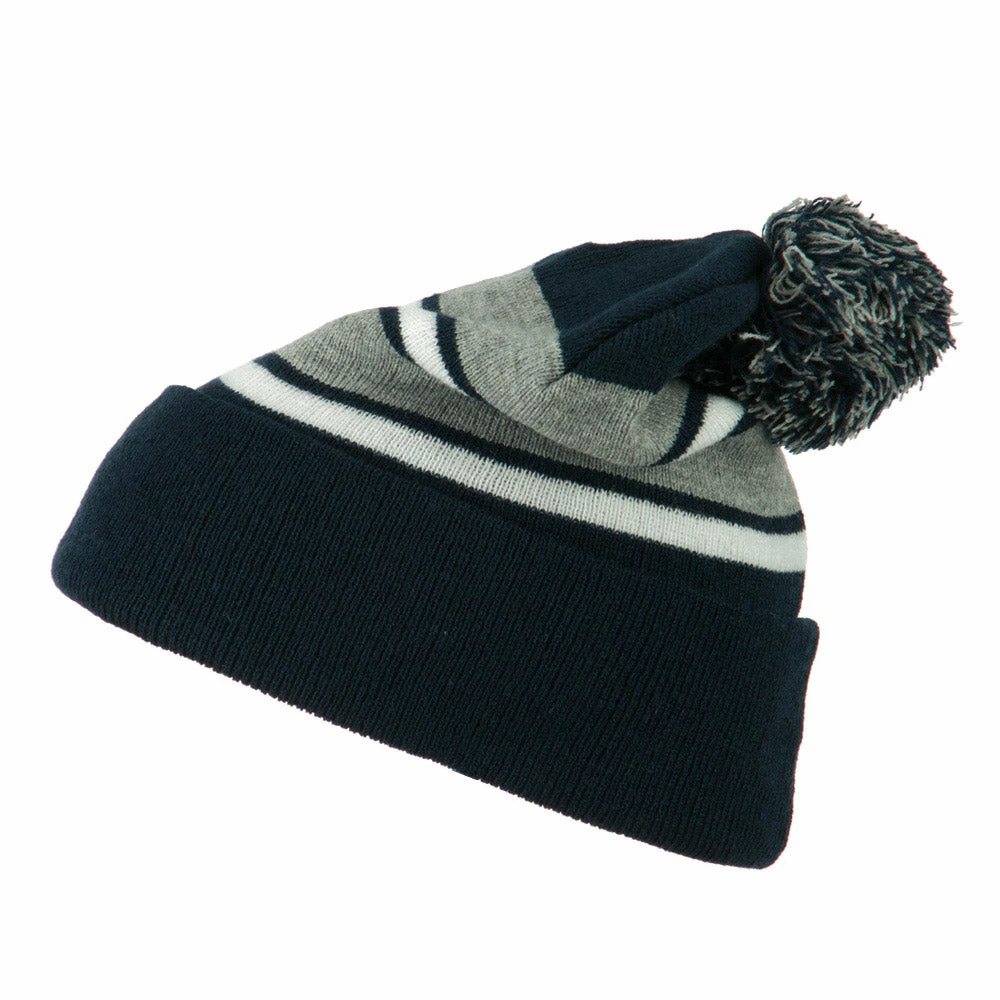 City Hunter Two Tone Striped Pom Cuff Beanie - Image 30