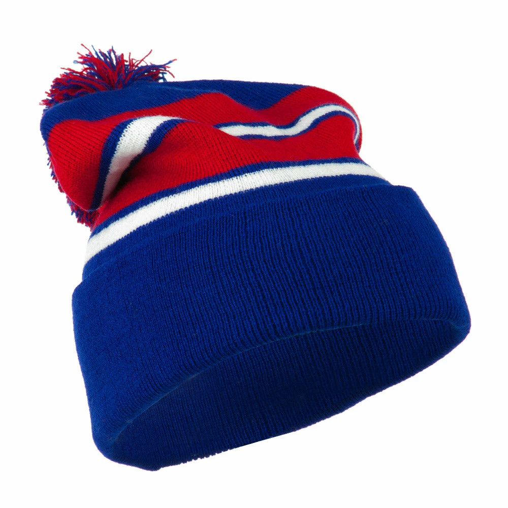 City Hunter Two Tone Striped Pom Cuff Beanie - Image 44