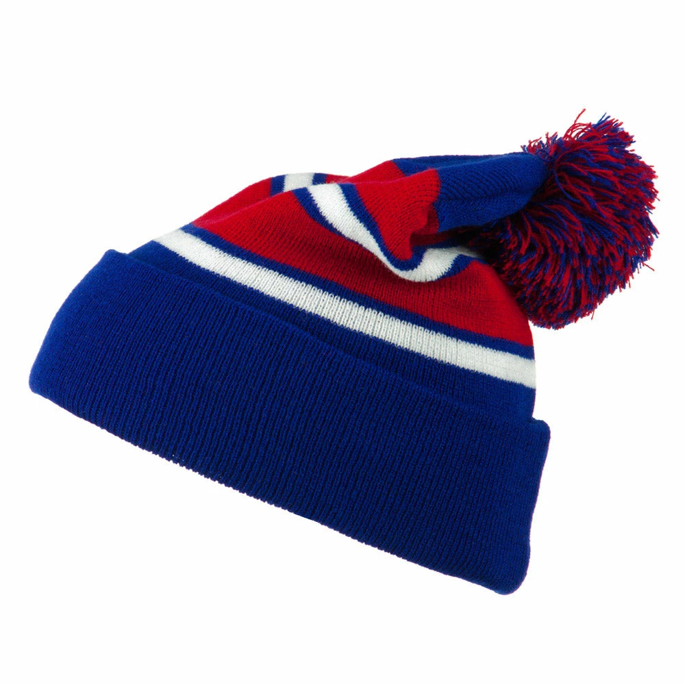 City Hunter Two Tone Striped Pom Cuff Beanie - Image 45