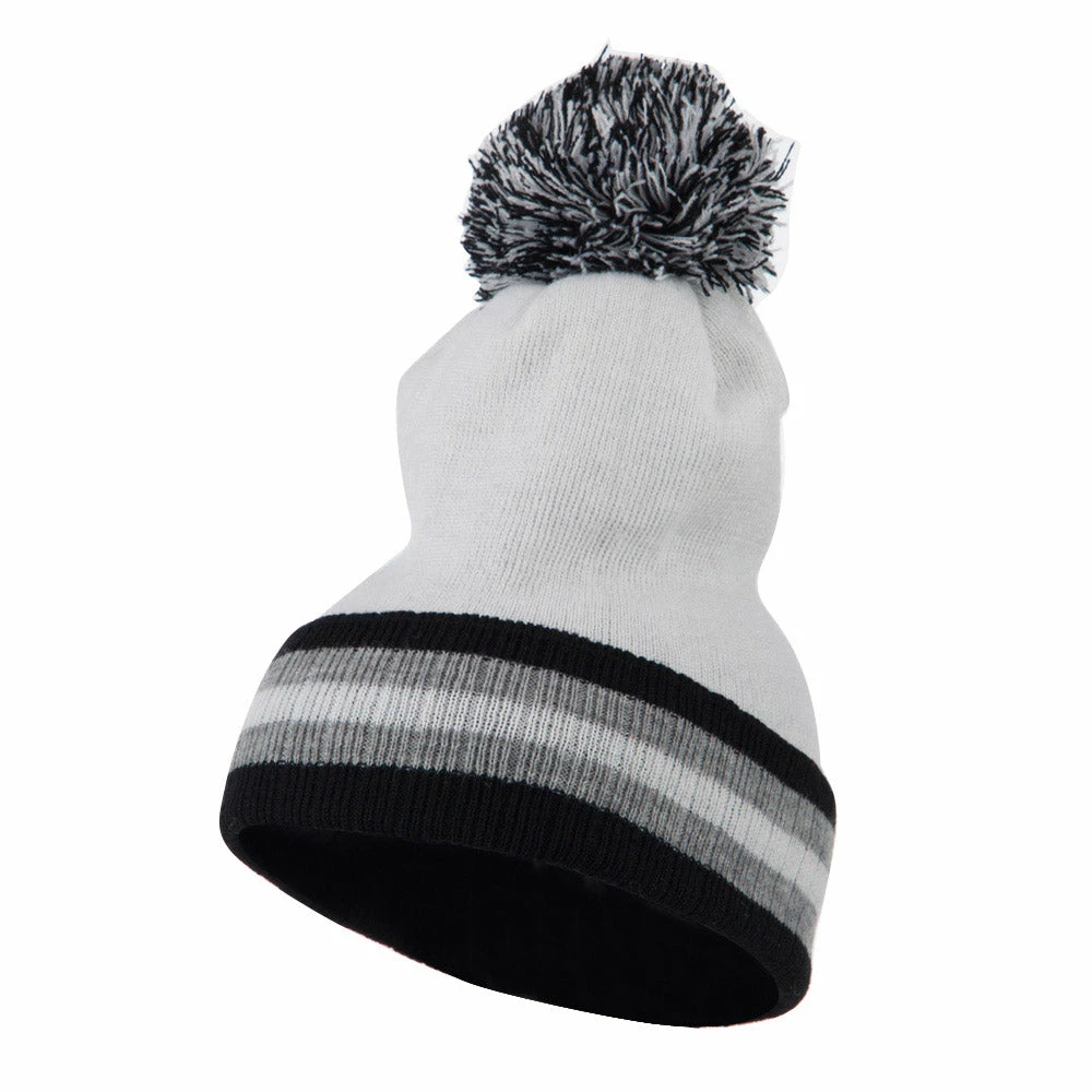 City Hunter Knit Pom Striped Cuff Beanie