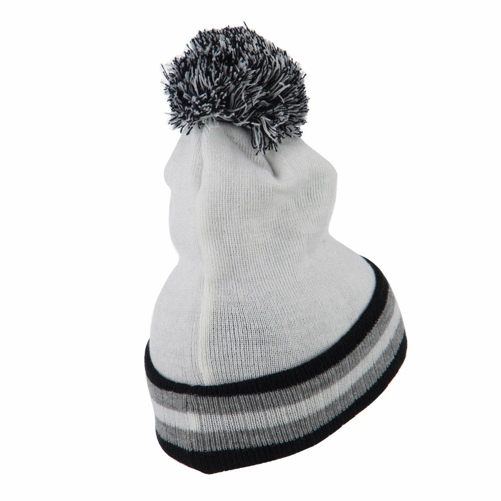 City Hunter Knit Pom Striped Cuff Beanie - Image 3