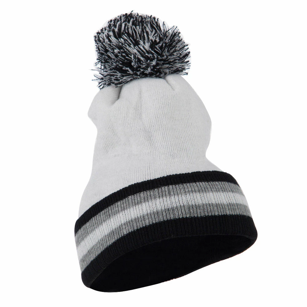 City Hunter Knit Pom Striped Cuff Beanie - Image 4