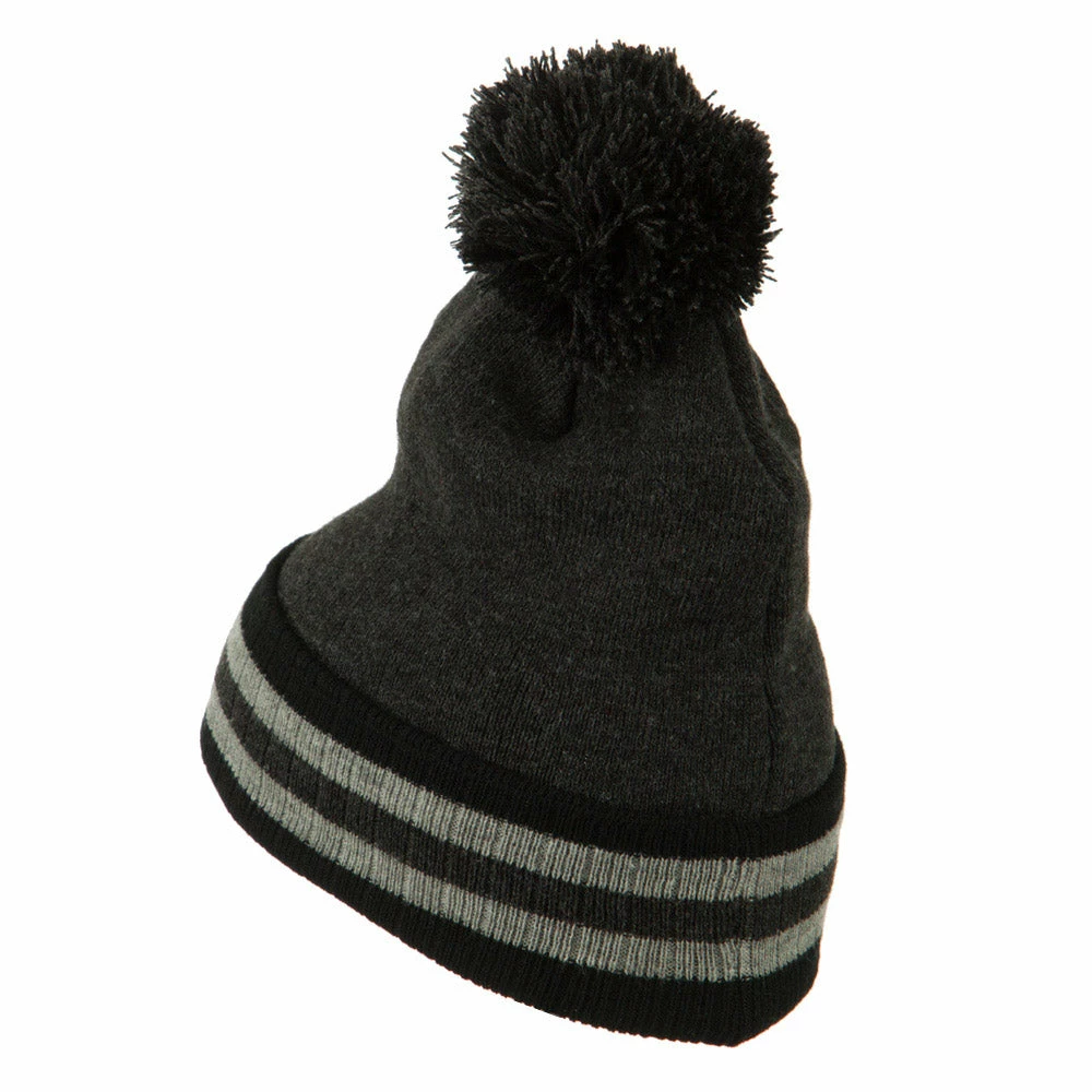 City Hunter Knit Pom Striped Cuff Beanie - Image 7
