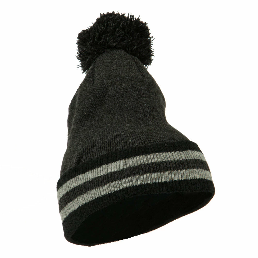 City Hunter Knit Pom Striped Cuff Beanie - Image 9