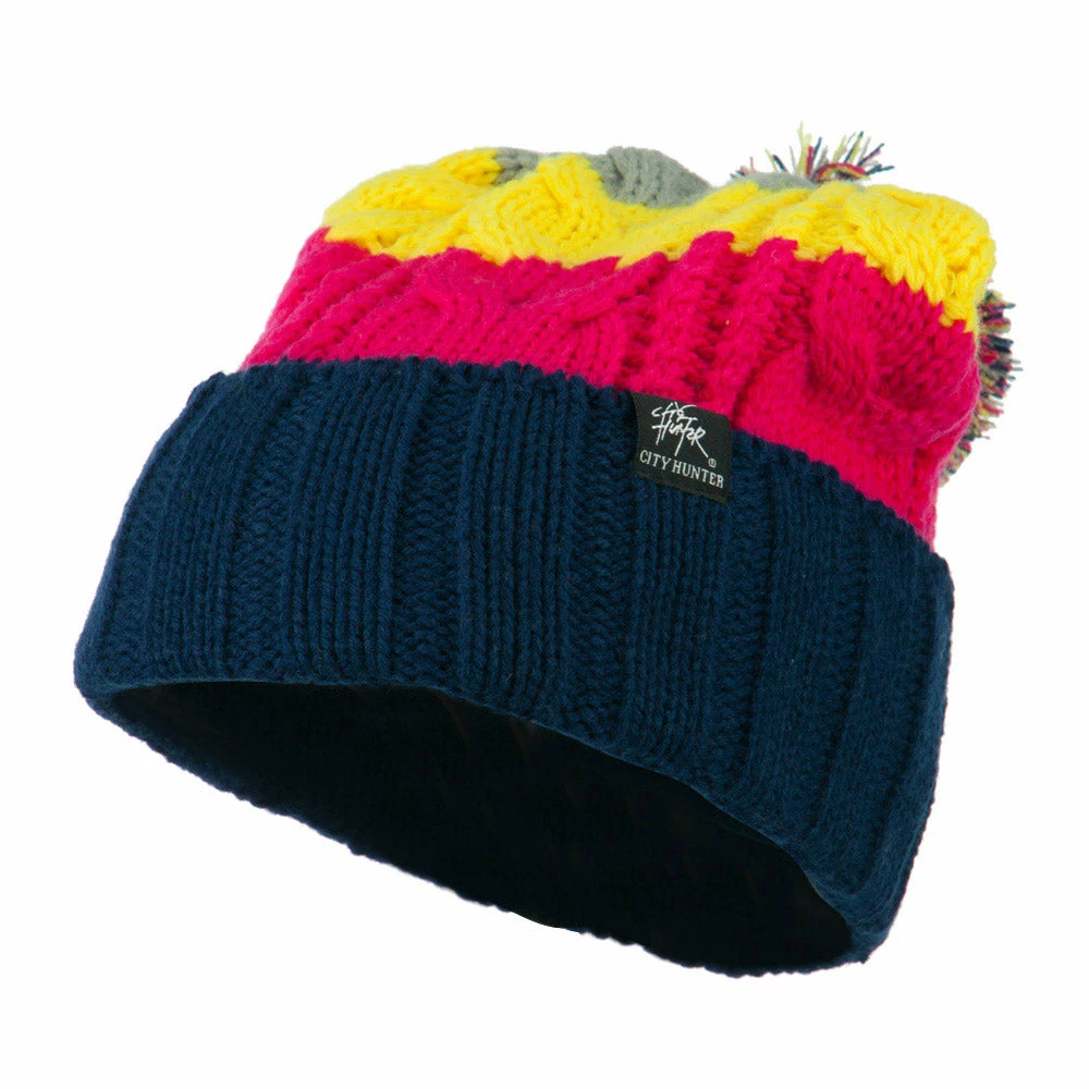 City Hunter Three Tone Knit Pom Beanie - Image 11