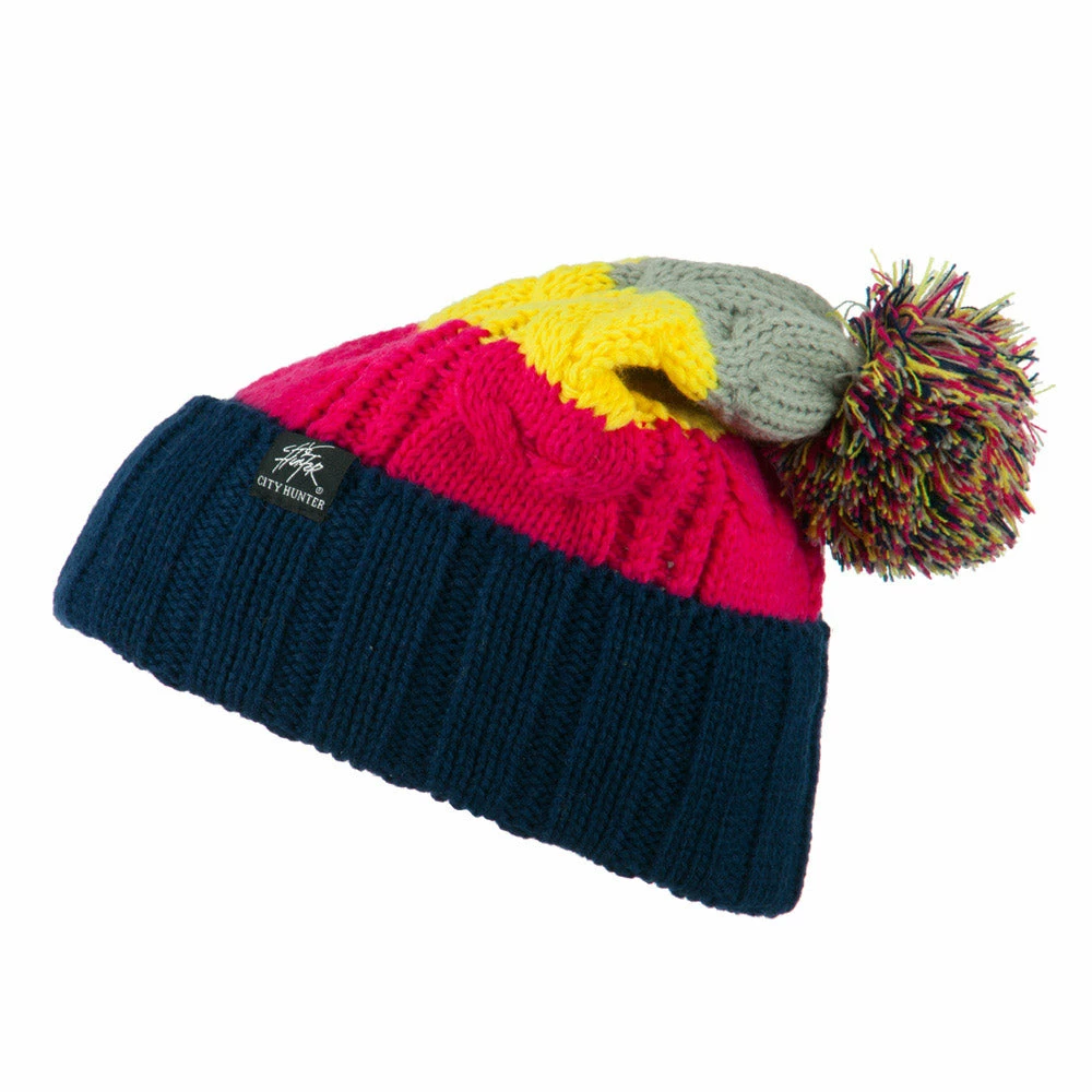 City Hunter Three Tone Knit Pom Beanie - Image 15