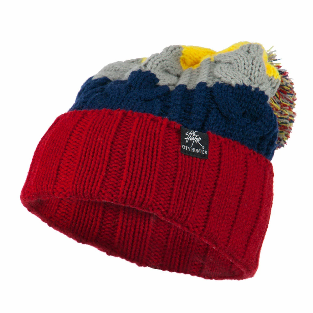 City Hunter Three Tone Knit Pom Beanie - Image 41