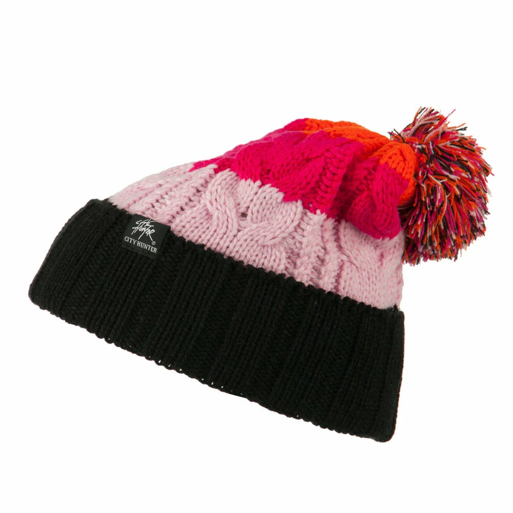 City Hunter Three Tone Knit Pom Beanie - Image 25