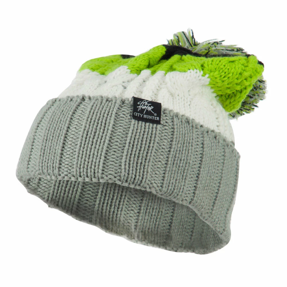 City Hunter Three Tone Knit Pom Beanie