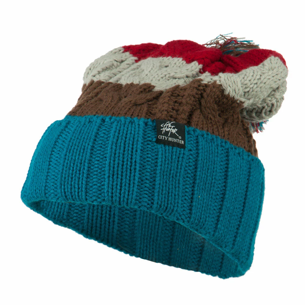 City Hunter Three Tone Knit Pom Beanie - Image 6