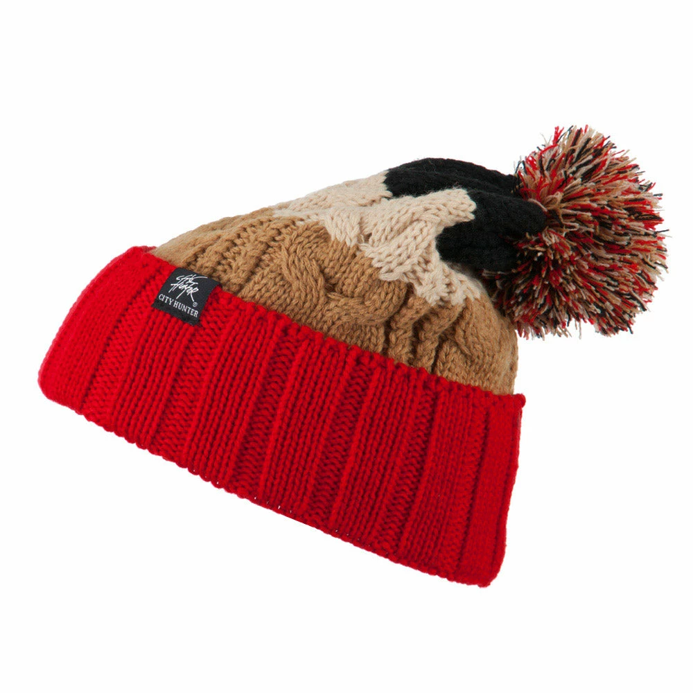 City Hunter Three Tone Knit Pom Beanie - Image 35